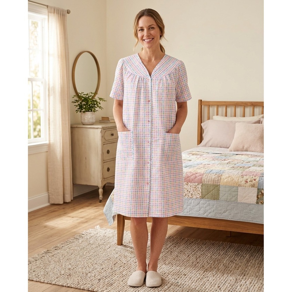 Dream Crest Robe House Dress, Pearl Snap, Pockets, Cotton Blend, Size 2XL